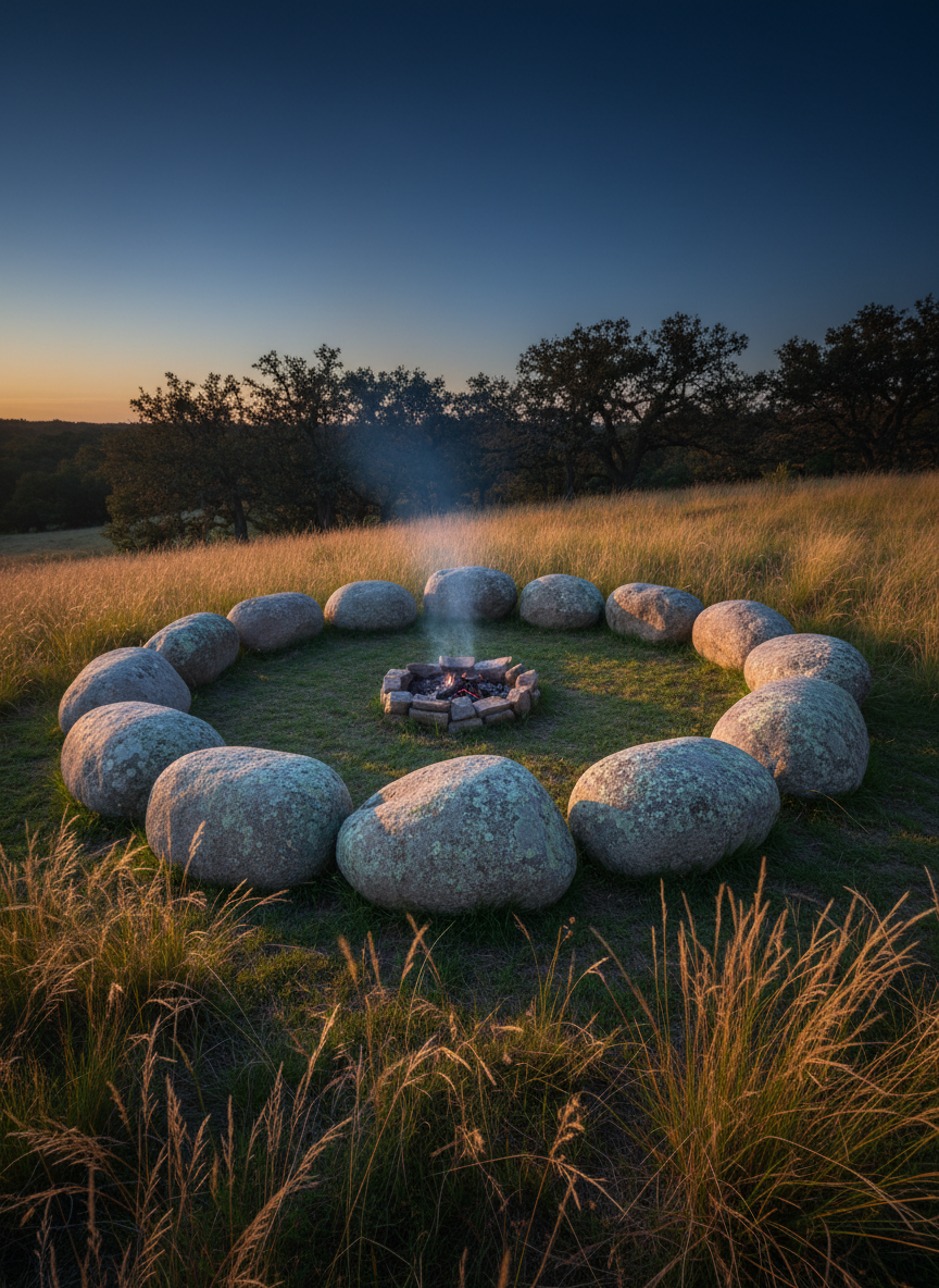 A circular stone gathering space formed by smooth, weathered boulders arranged in an intentional ring on a gentle grassy hill. In the center, a low fire pit holds only faint embers, a soft curl of smoke rising into the cool dusk air. Surrounding the circle, tall native grasses sway, and distant tree silhouettes frame the horizon. Golden hour light fades into deep blue twilight, casting long, thoughtful shadows between the stones. Shot from a slightly elevated angle in photographic realism, with sharp focus on the textured rock surfaces and a subtle bokeh on the distant landscape, evoking quiet belonging, shared stories, and an ancient sense of tribe without showing any people.