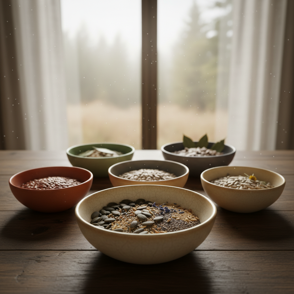 A wooden farmhouse table made of richly grained, dark oak, its surface worn smooth by time, set in front of a large window that overlooks a misty forest edge. On the table, five distinct ceramic bowls in muted earth tones form a gentle arc, each filled with different seeds and herbs, hinting at shared rituals and intentional living. Soft morning light filters through sheer linen curtains, illuminating dust motes and creating delicate reflections on the glaze of the bowls. The atmosphere feels contemplative and intimate. Captured at eye level with shallow depth of field in clean, sophisticated photographic realism, the front bowl is in crisp focus while the others recede into a warm, inviting blur, suggesting diverse individuals forming a harmonious tribe.